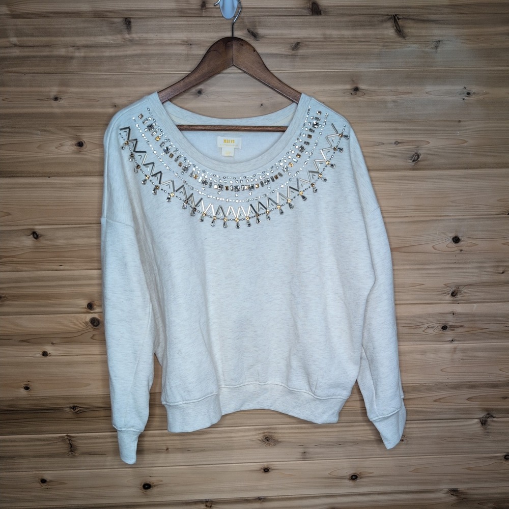 Anthropologie Cream Embellished Beaded Neckline Sweatshirt Large NWOT